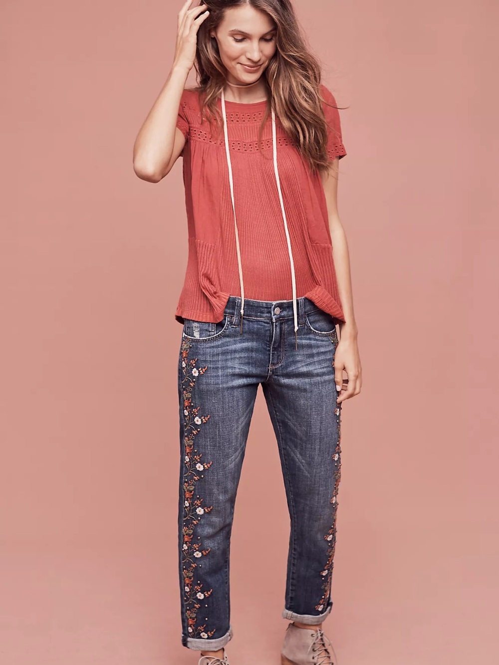 Pilcro Anthropologie Hyphen Floral Embroidered Studded Straight Jeans 31 / 32